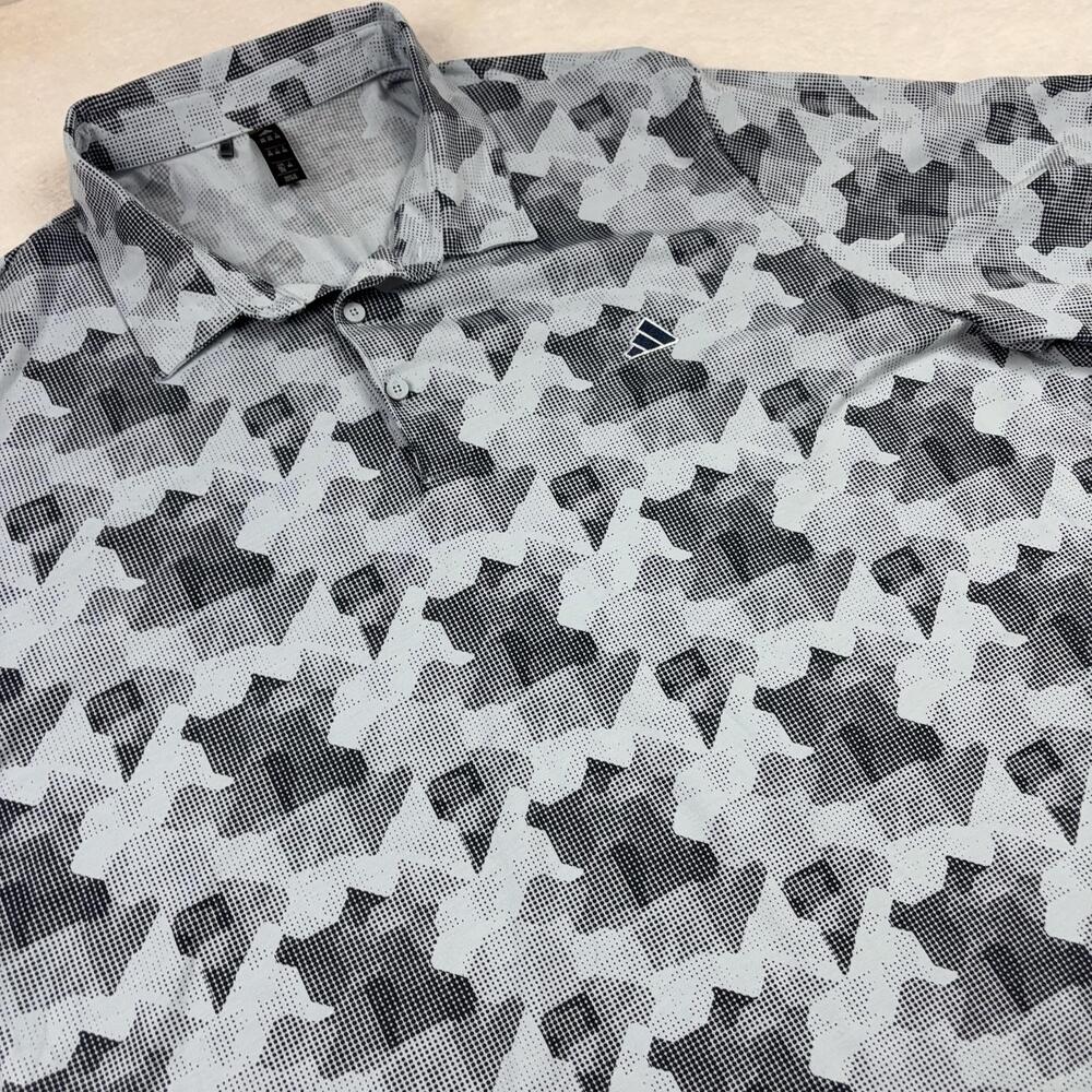 Adidas Polo Shirt Mens 2XL Gray Camouflage Breathable Moisture Wicking Logo